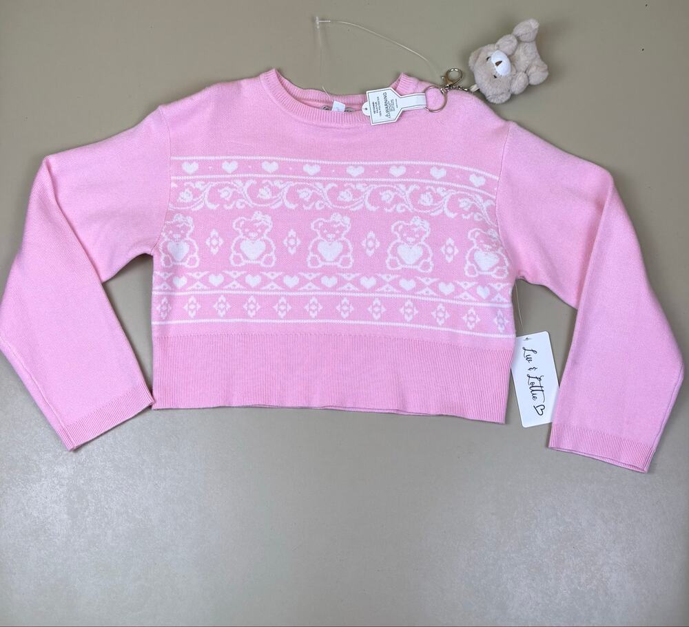 Luv & Lottie Girls 10/12 Pink Teddy Bear Heart Fair Isle Crop Sweater NWT